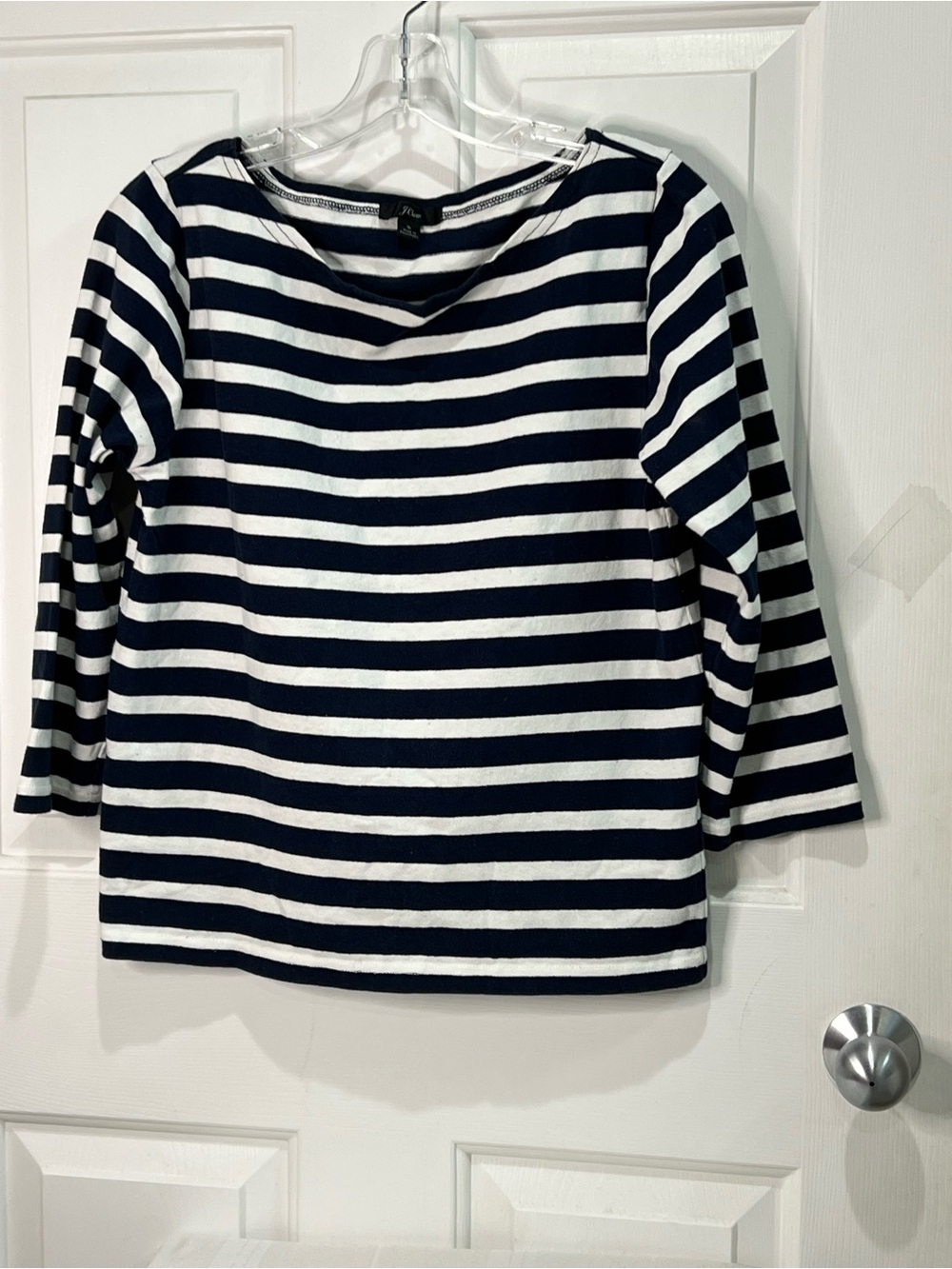J. Crew Navy and White Striped 3/4 Length Sleeve Boatneck nautical Top cotton S